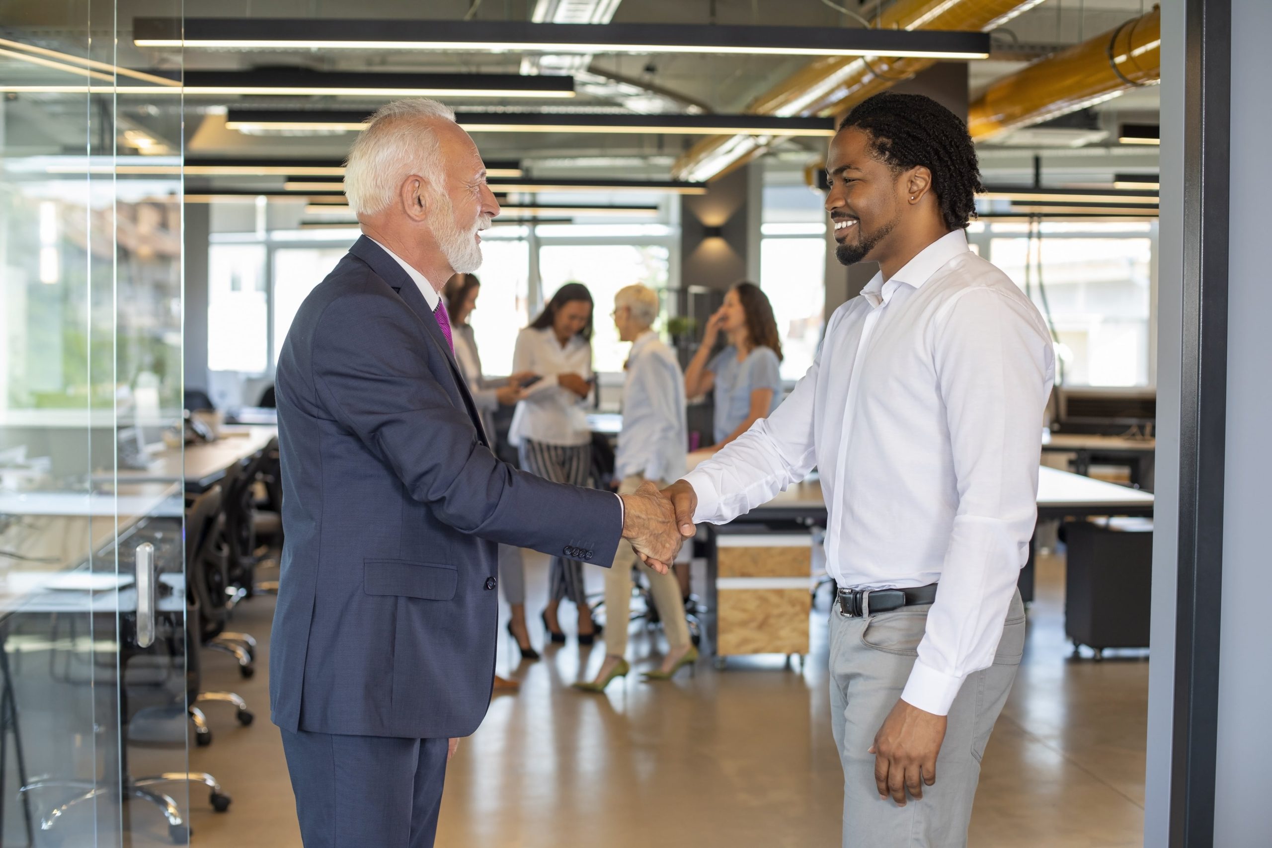 Two business men shaking hands.