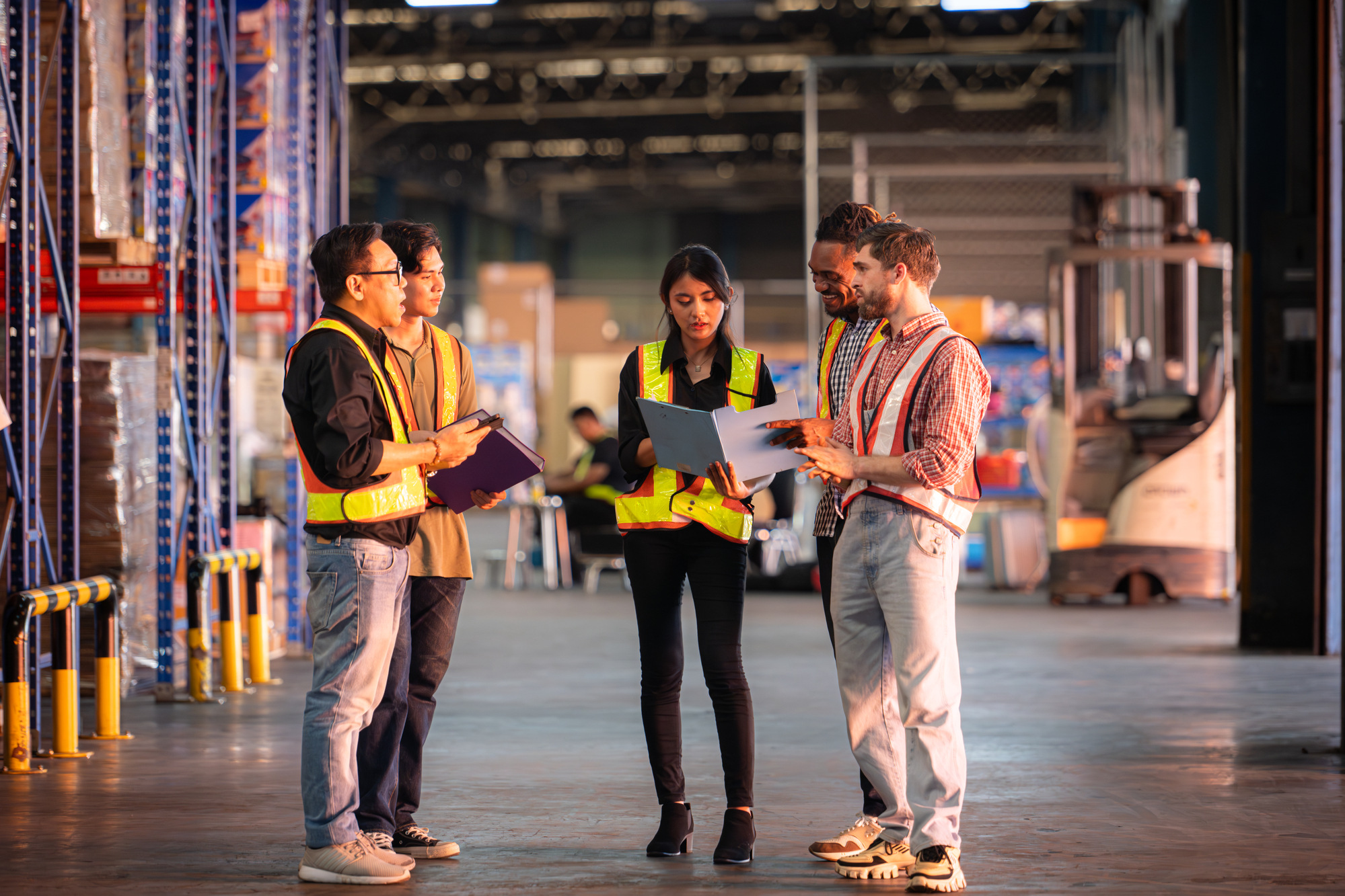 A group of warehouse employees, Inspecting products on warehouse shelves before they are sent to retailer